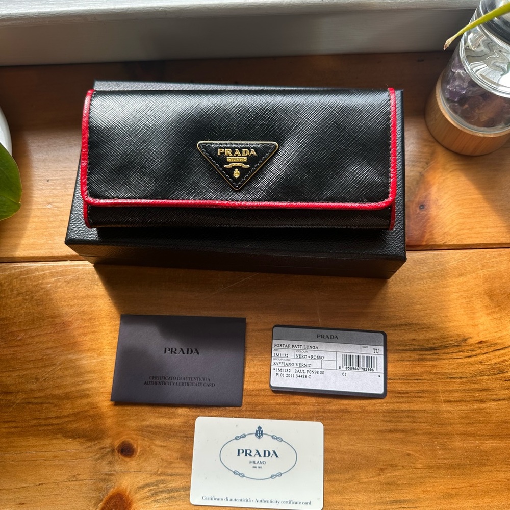 Brand New Authentic PRADA 1M1132 Saffiano Vernice Black/Rosso Calfskin Wallet